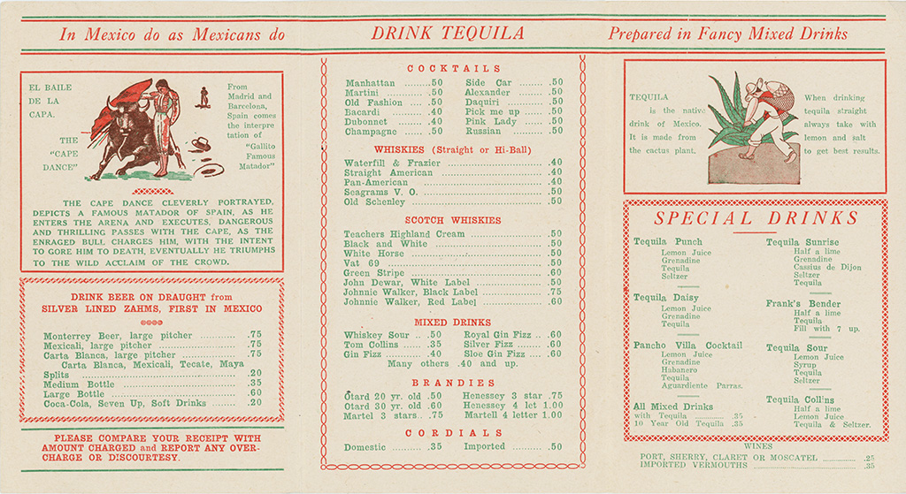 Aloha Cafe Tijuana drink menu, 1940s