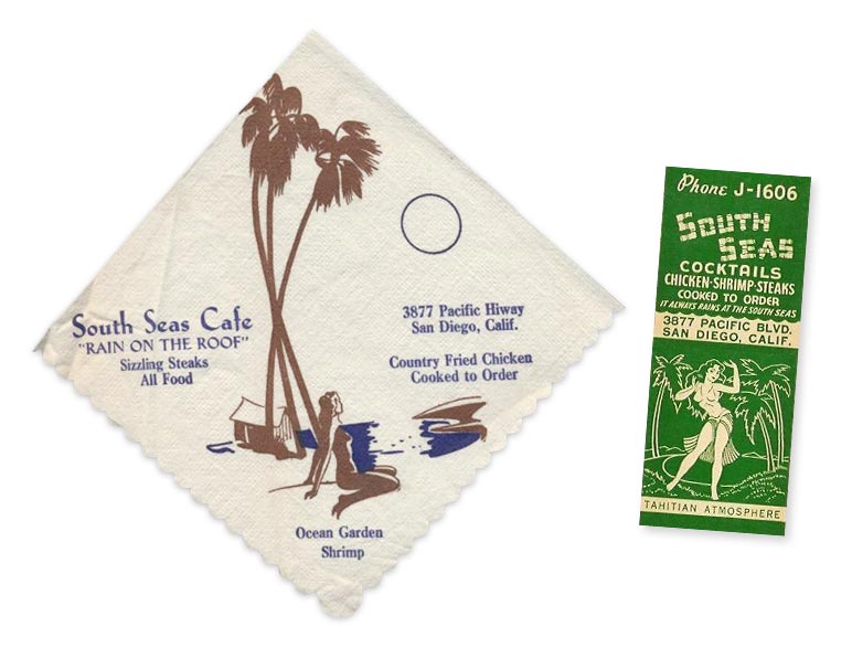 South Seas cocktail napkin and matches