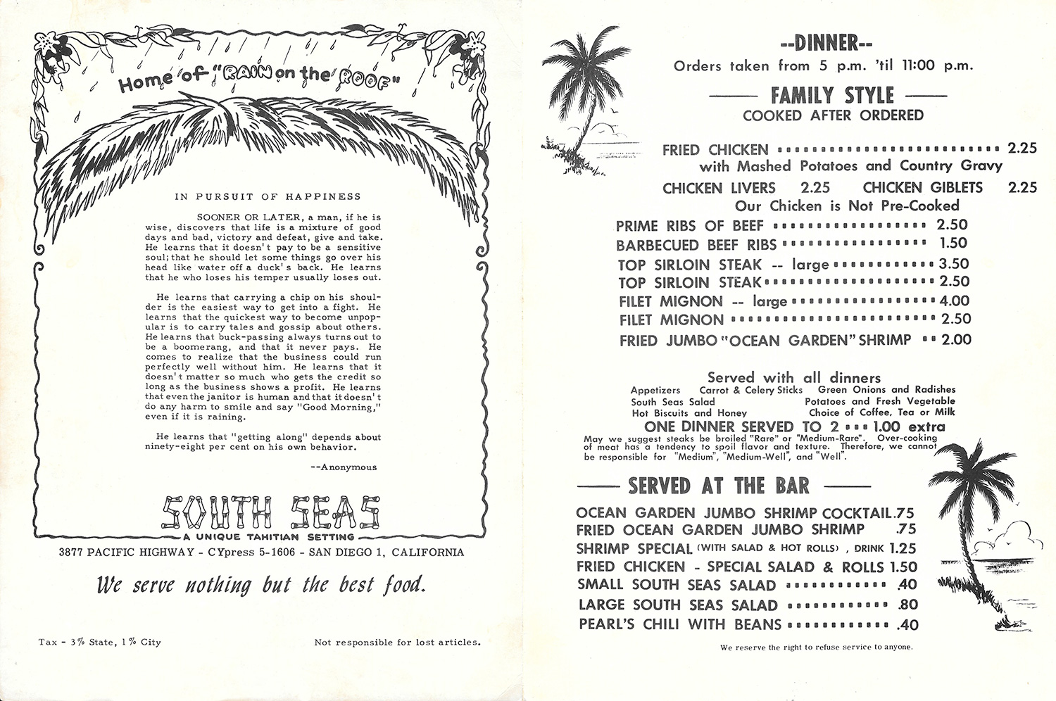 South Seas Cafe menu pages 2-3