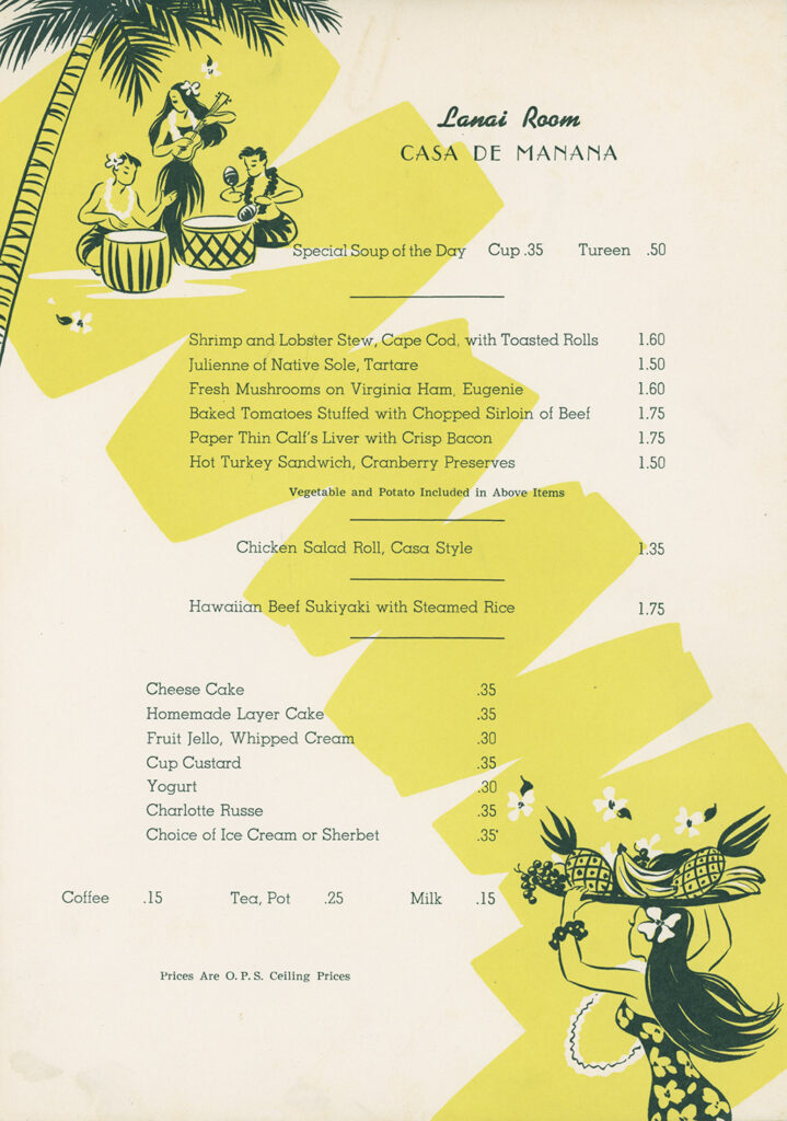 Lanai Room Menu, 1952