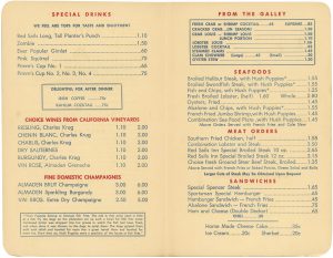 Red Sails Inn menu, 1959