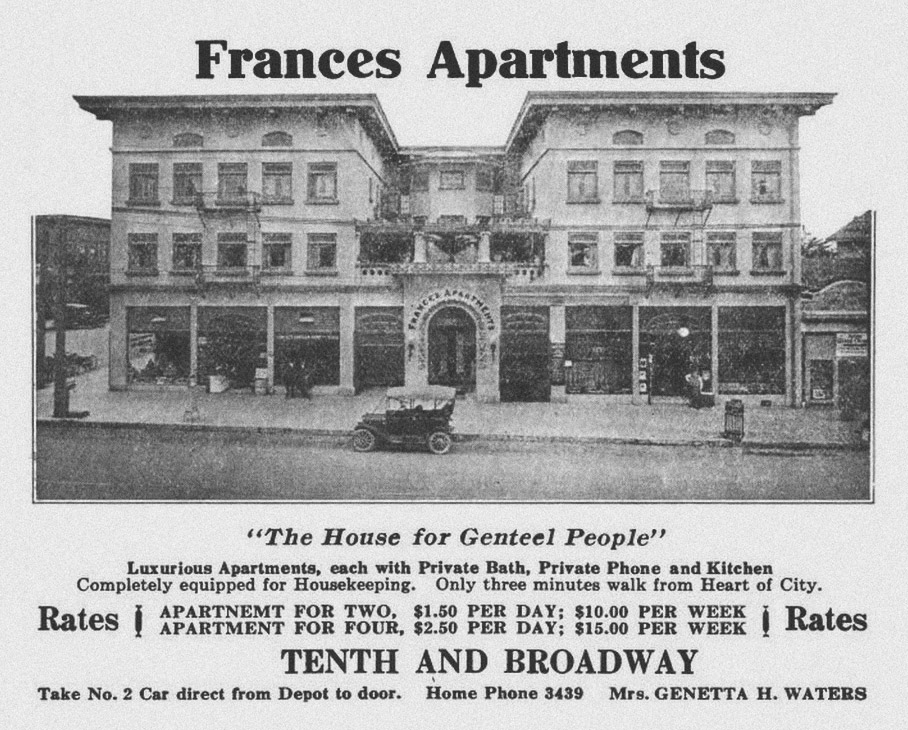 Frances Apartments ad, 1915