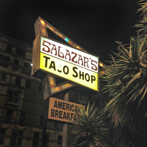 Salazar's Taco Shop sign, 2016