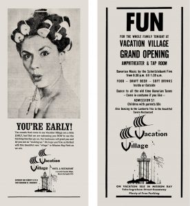 Teaser ad and Grand Opening ad for Vacation Village, 1962