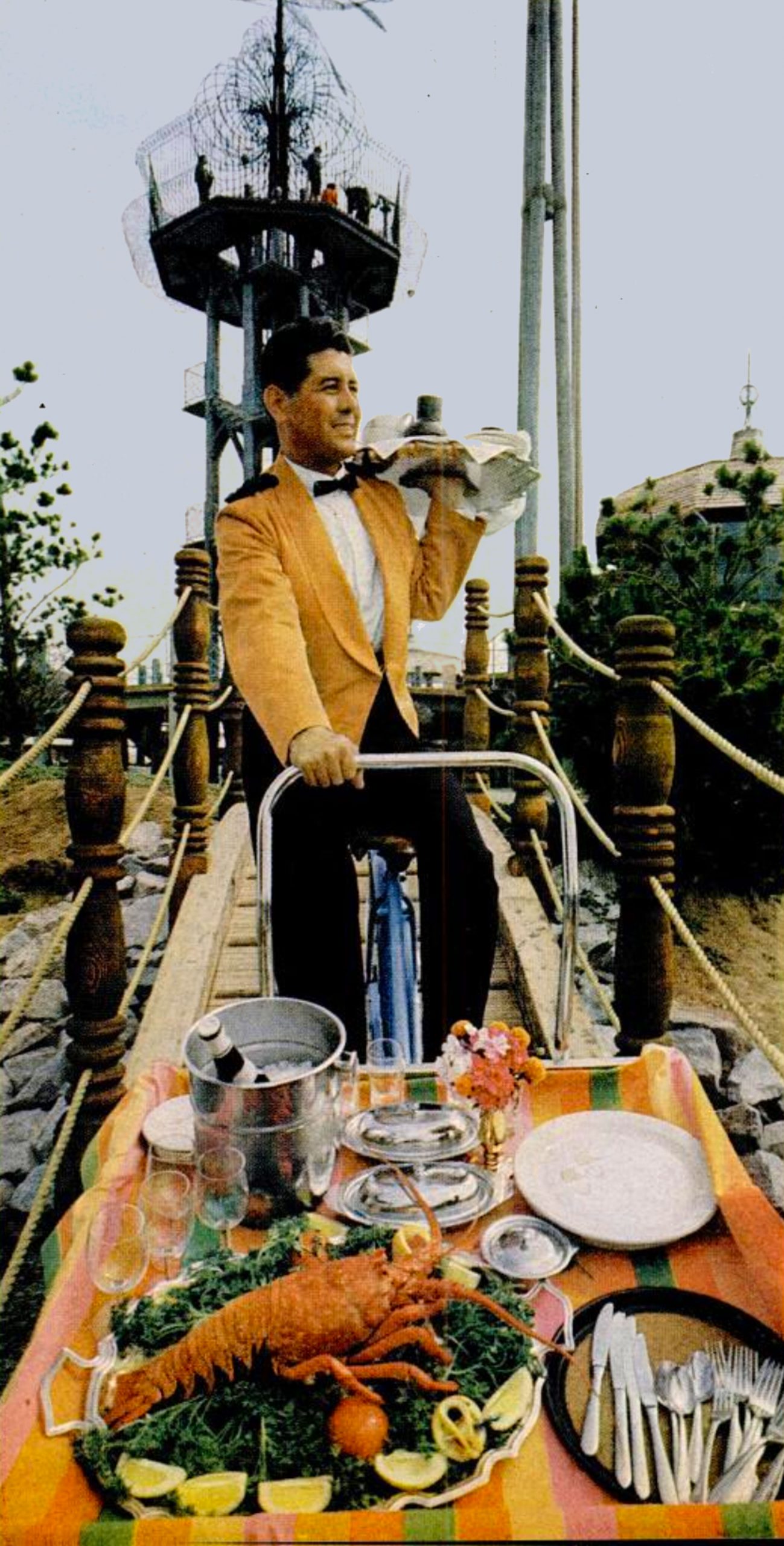 Waiter delivers room service, Vacation Village, 1963