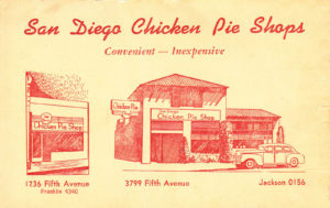 Chicken Pie Shop menu, back cover, 1940s.