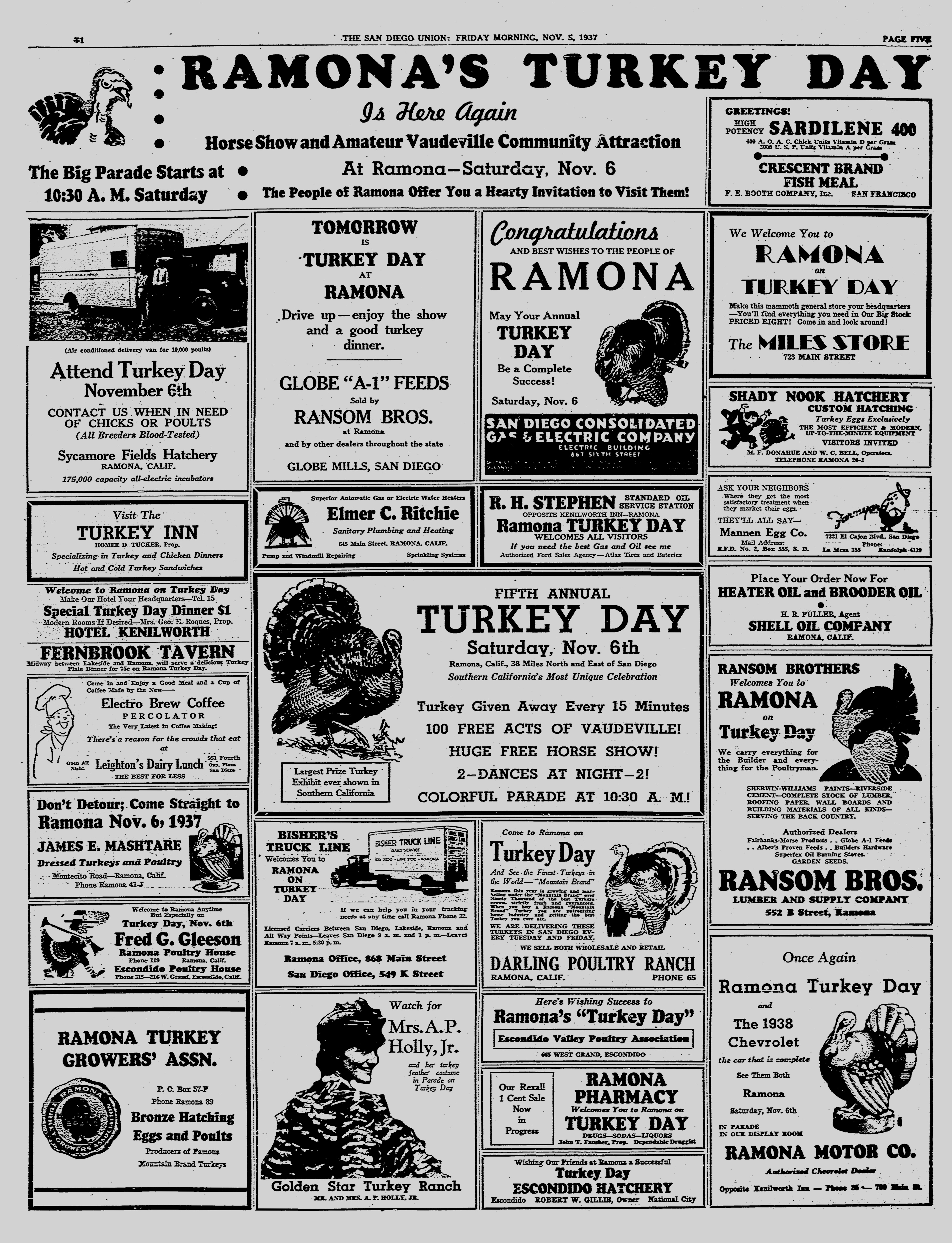 1937 11 05 Ramonas Turkey Day ad