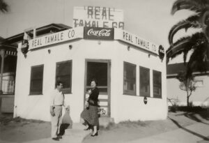 Al and Rita Alvarez in front of The Real Tamale original taco stand, 1950s. Photo, Alvarez family collection.