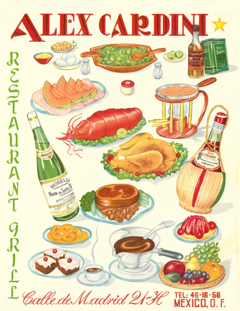 Alex Cardini Restaurant menu, 1950s.
