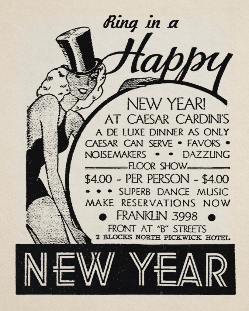 New Year's Eve ad, Caesar Cardini's - French-Italian restaurant, San Diego, CA, 1936