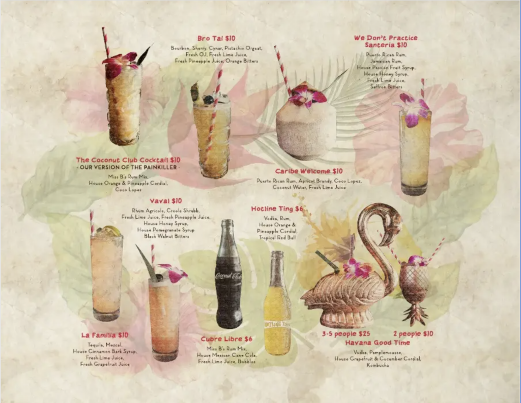 2016 Miss Bs Coconut Club menu