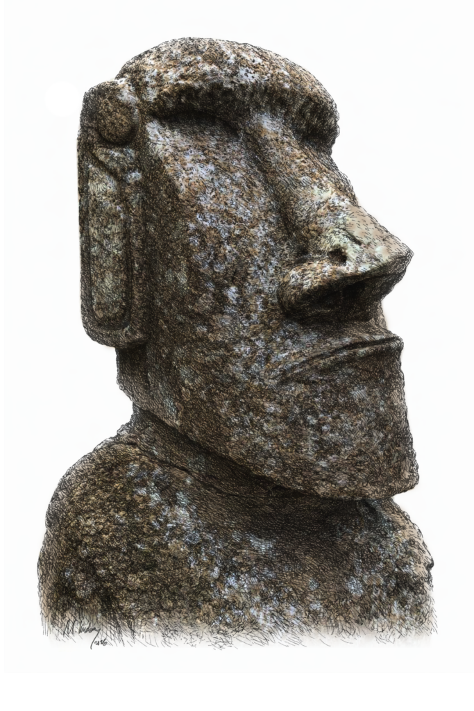Moai from Nuku Hiva. Illustration, Martin Lindsay, 2026.