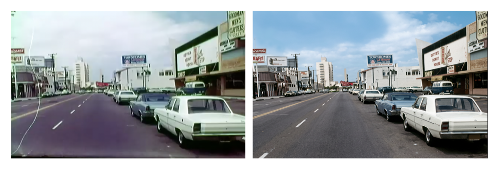 Original streetscene filmcap at left, ai-enhanced image at right