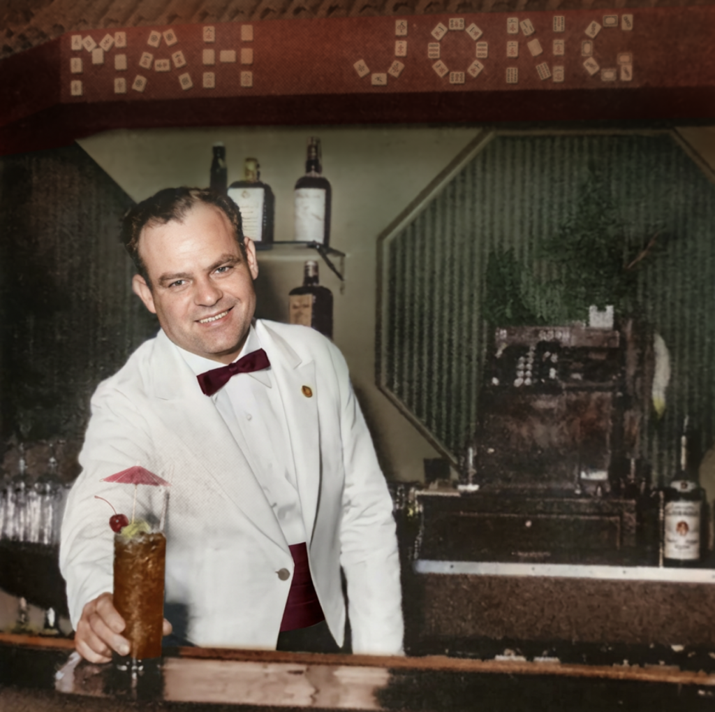 George Joe’s Chinese Village mixologist Eddie Dennison in the Mah Jong Room, 1956.